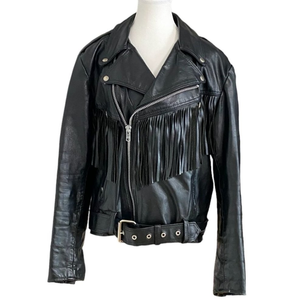 BRANDO VINTAGE 90S MEN'S UNISEX BLACK LEATHER FRINGED MOTO PARK V JACKET - 40